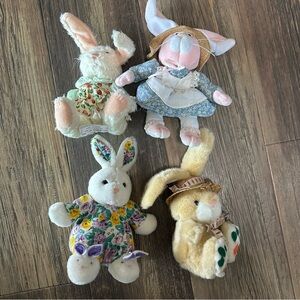 4 vintage Easter Bunny stuffed plush animal lot clothes hat slippers dress LOVEY